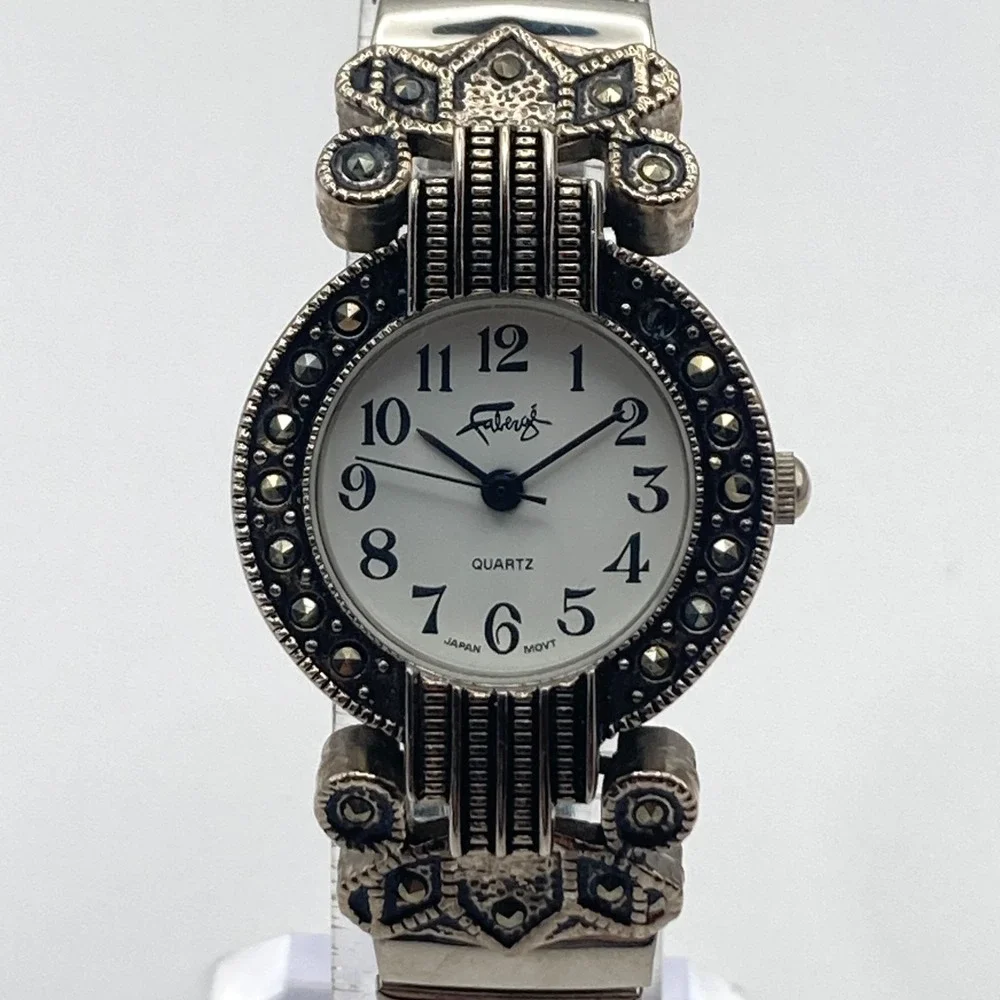 Vtg Faberge Womens Marcasite Watch 26mm Silver Tone Stretch Band New Battery
